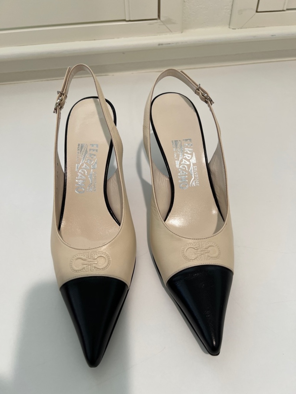 Salvatore Ferragamo Beige and Black Pointed-Toe Slingback Pumps